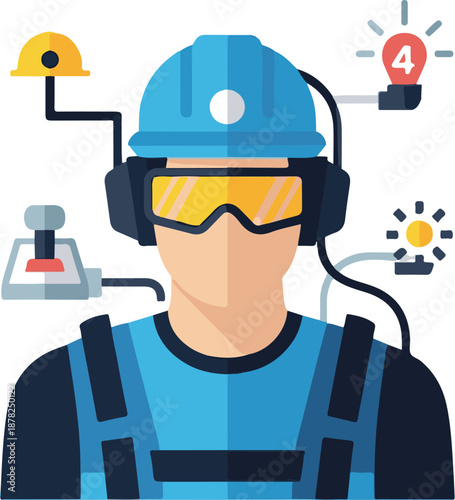 A stylized vector of an industrial worker wearing smart safety gear, integrated with digital icons like lightbulbs and controls to represent high-tech manufacturing and smart industry.