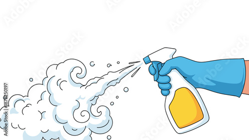 Person wearing a blue rubber glove using a spray bottle to release a large cloud of white cleaning foam or disinfectant.