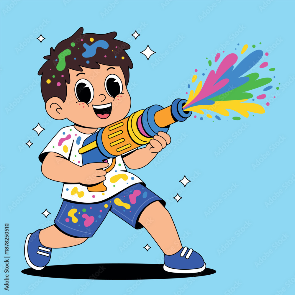 Fototapeta premium Boy Playing Holi with Colorful Water Gun
