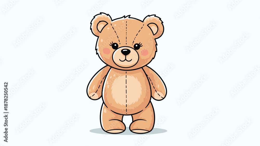 Obraz premium Adorable brown teddy bear plush toy with pink cheeks and big eyes standing on a light blue background for children concepts.