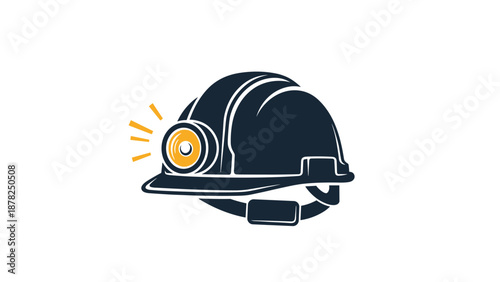Dark blue industrial mining or construction hard hat with a bright glowing yellow headlamp on a plain white background.