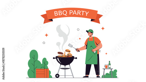 Man wearing a green apron cooking burgers and sausages on a charcoal grill outdoors with a BBQ Party banner above him.