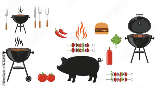 Diverse collection of BBQ related items including grills, cooking tools, fresh vegetables, meat, and a silhouette of a pig.