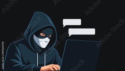 Anonymous person wearing a dark hoodie and a face mask working on a laptop with empty message bubbles on a black background.
