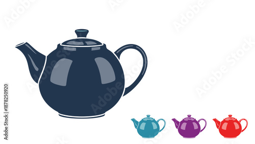 Large dark blue ceramic teapot shown with smaller versions in various colors like teal purple and red for tea time.