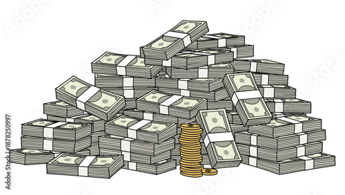 Massive pile of paper currency with stacks of dollar bills and a small column of gold coins representing wealth.