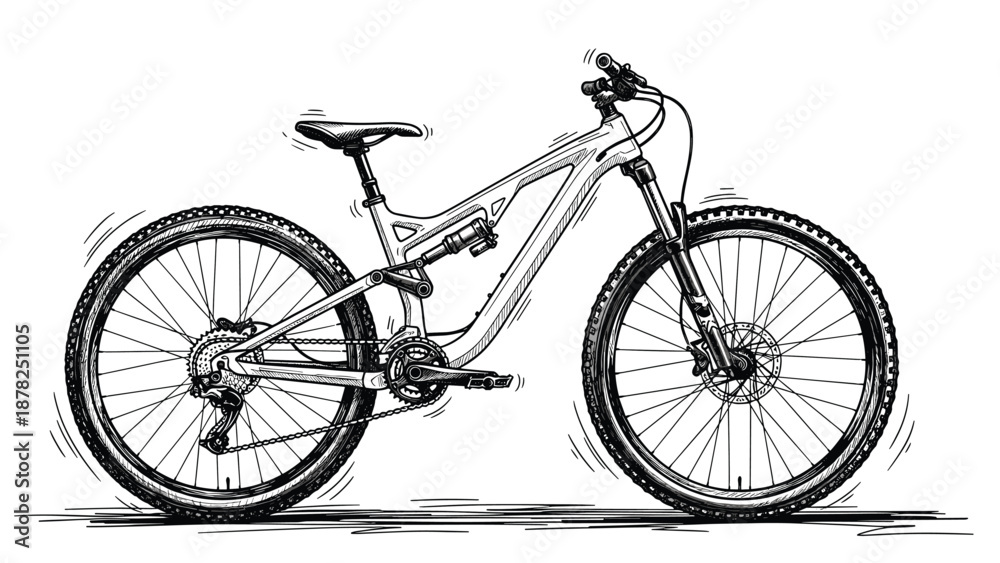 Fototapeta premium Detailed black and white line drawing of a modern full suspension mountain bike for off road cycling adventures.