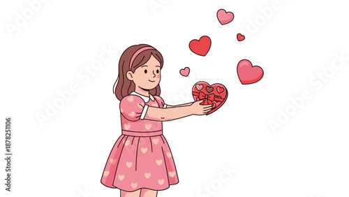 Adorable girl presenting a box of hearts with floating love symbols in a cute