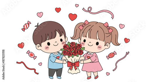 Adorable children exchanging a bouquet of roses expressing love and affection