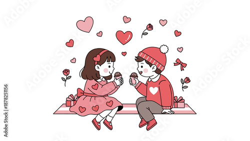 Adorable cartoon couple sharing sweet ice cream on romantic picnic backdrop
