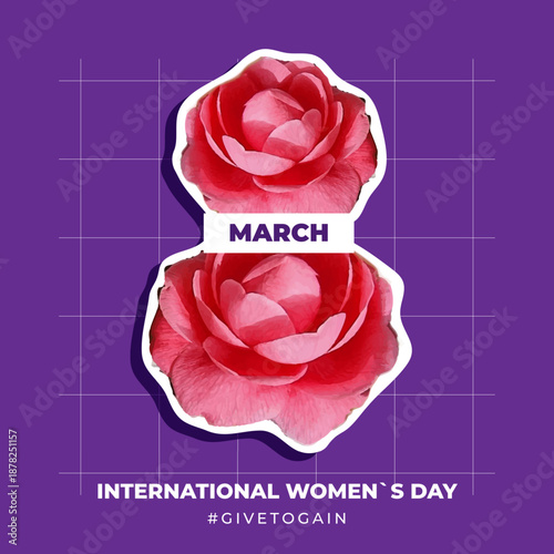 International Womens Day 8 march banner for Give To Gain campaign 2026. Collage with rose flower elements in halftone style. Contemporary vector illustration
