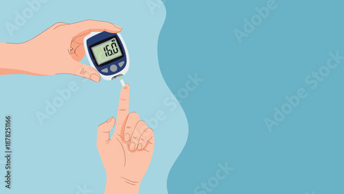 Person using a blood glucose meter to test their sugar level with a finger prick on a blue gradient background.