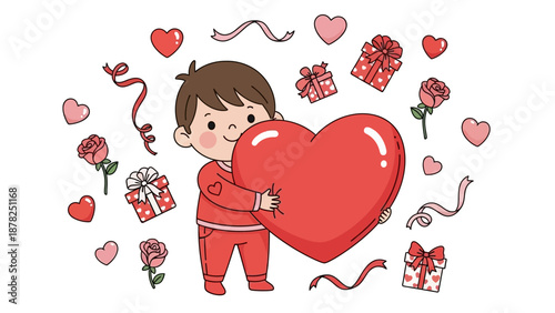 adorable child holding a large red heart surrounded by love symbols and gifts