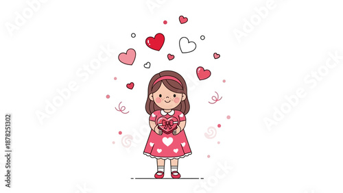 Adorable cartoon girl holding a pink heart surrounded by floating hearts