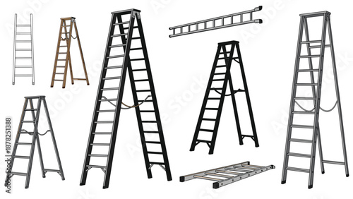 Variety of metal and wooden ladders including step ladders and straight ladders in different sizes and positions.