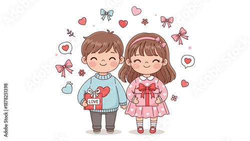 Adorable cartoon children sharing love with hearts and gift boxes during a
