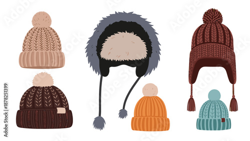 Collection of various winter knit hats including beanies with pom-poms and a warm fur-lined trapper hat.