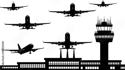 Black and white silhouette of airport scene with airplanes in flight, terminal building, and control tower, ideal for aviation, travel, and infrastructure design concepts.