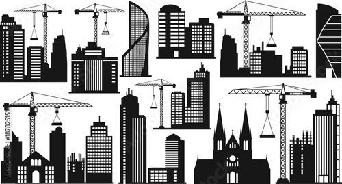Black and white silhouette of city buildings and construction cranes, ideal for urban development, architecture, infrastructure growth, and skyline design concepts.