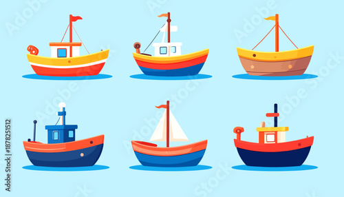 Cartoon Boat Set on Blue Background Illustration