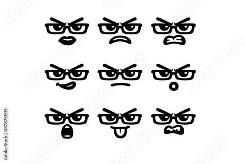 Angry and grumpy cartoon faces wearing eyeglasses expressing negative emotions