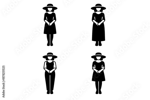 Minimalist black silhouettes of women wearing elegant sun hats and various clothing