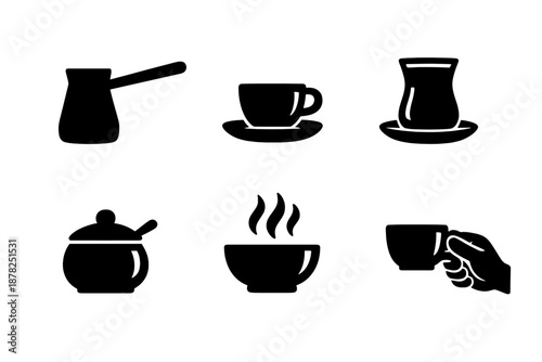 Black silhouette collection of coffee and tea preparation and serving utensils