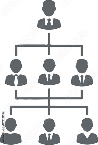 A clean, grey vector icon depicting a corporate organizational chart with a hierarchical structure of professional avatars, representing leadership, team management, and company departments.