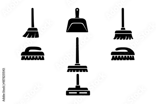 Set of silhouette icons showing essential cleaning tools like brooms, brushes, and dustpan
