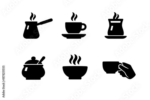 Minimalist black silhouette symbols for coffee, tea, hot drinks, sugar, and soup