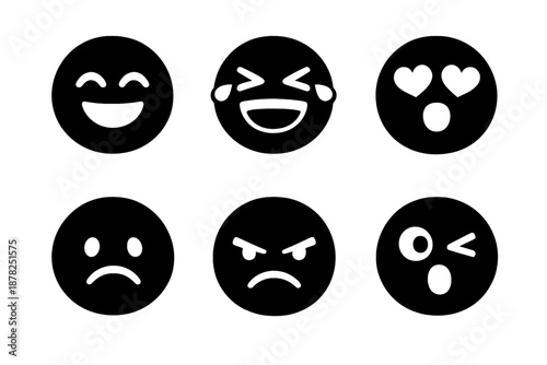 Set of six monochromatic emoji icons showing joy, love, sadness, and anger