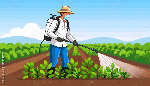 Cartoon Farmer Spraying Crops with Pesticide