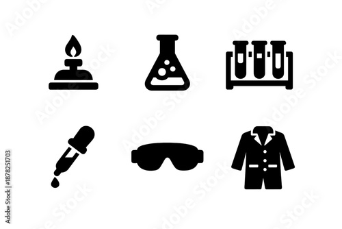 Essential science laboratory apparatus and safety gear including flask test tubes and coat