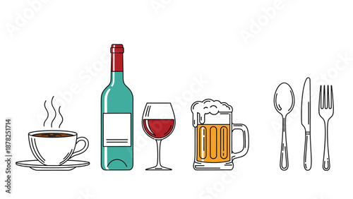 Set of beverage icons for coffee wine and beer shown alongside a standard set of metal eating utensils.