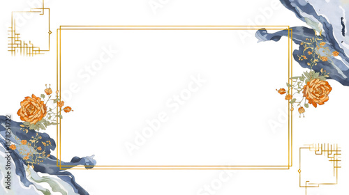 Elegant Oriental Frame with Flowing Blue Watercolor and Decorative Orange Flowers