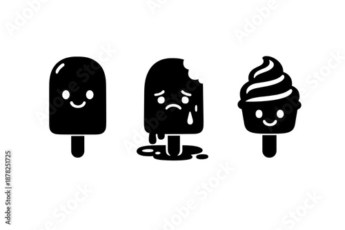 Cartoon frozen dessert characters showing emotions: happy popsicle, sad melting ice pop, and smiling soft serve