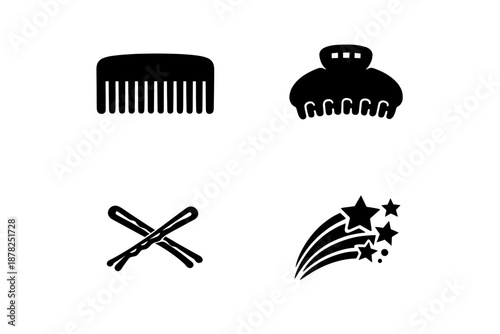 Set of hair accessories and styling tools icons with comb, claw clip, bobby pins, and shooting star