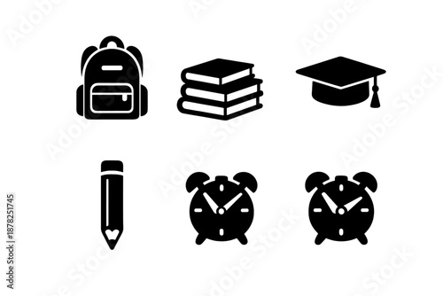 Essential school and education supplies: backpack, books, graduation cap, pencil, and alarm clocks