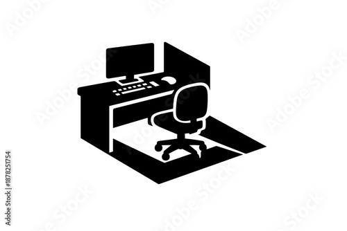 Isometric view of a modern cubicle workspace featuring a computer desk and ergonomic chair