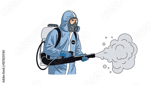Person wearing a blue hazmat suit with a gas mask using a specialized fogger machine for pest disinfection.