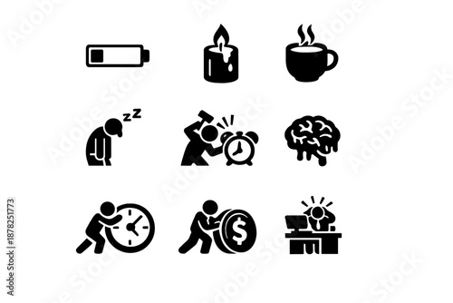 Symptoms of burnout, chronic stress, fatigue, low energy, and time pressure