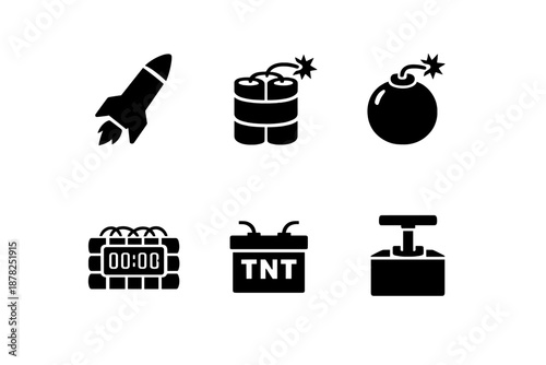 Black glyph icons of bombs, dynamite, rocket, and detonator plunger for explosive danger