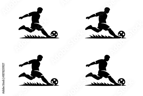 Stylized black silhouette of a soccer player kicking a football on the field