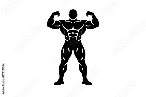 Muscular male bodybuilder silhouette flexing biceps and abdominal muscles in a strong pose