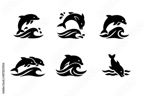 Set of six stylized dolphin silhouettes jumping and swimming in dynamic ocean waves