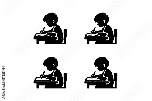 Repetitive pattern of black silhouettes of a school child writing at a desk