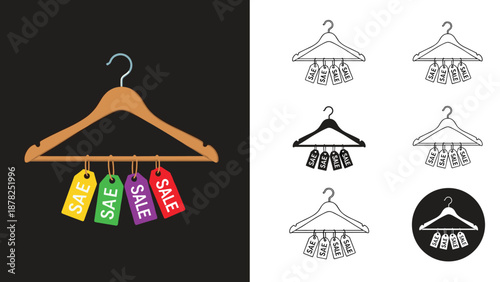 Wooden clothes hanger with colorful sale tags hanging on it representing retail discounts, promotions, and shopping events for consumers.