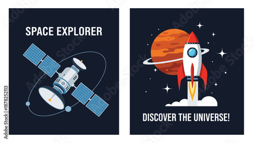 Space exploration themed posters featuring a scientific satellite in orbit and a rocket launching into the universe toward a planet.