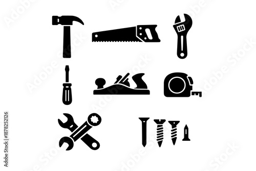 Basic repair and building tools set including hammer, saw, wrench, and screwdriver symbols