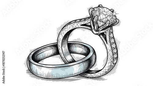 Exquisite diamond engagement ring intertwined with a simple polished wedding band in a detailed black and white sketch style.